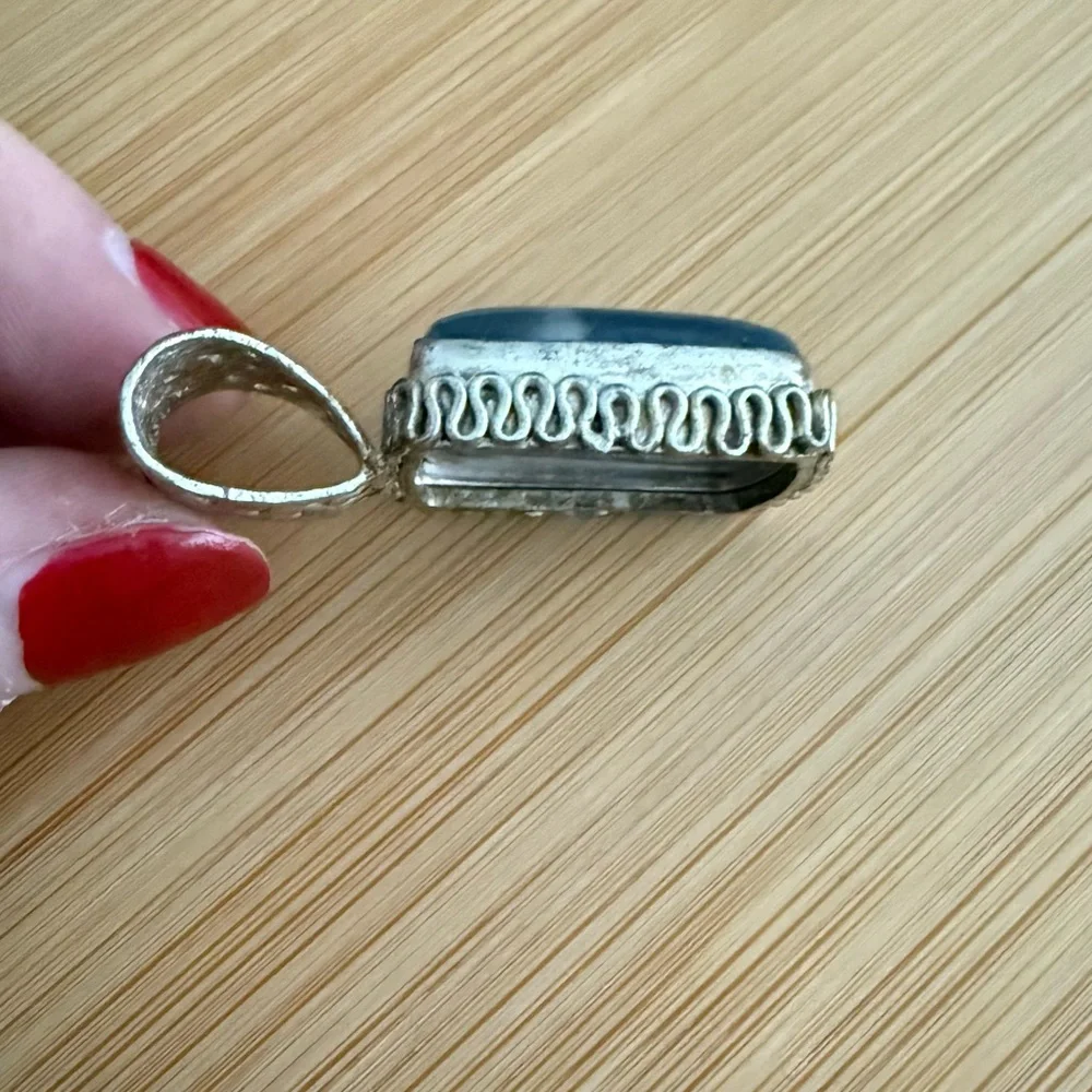 Sterling Silver Blue Agate Natural Stone Necklace Pendant - Picture 6 of 12